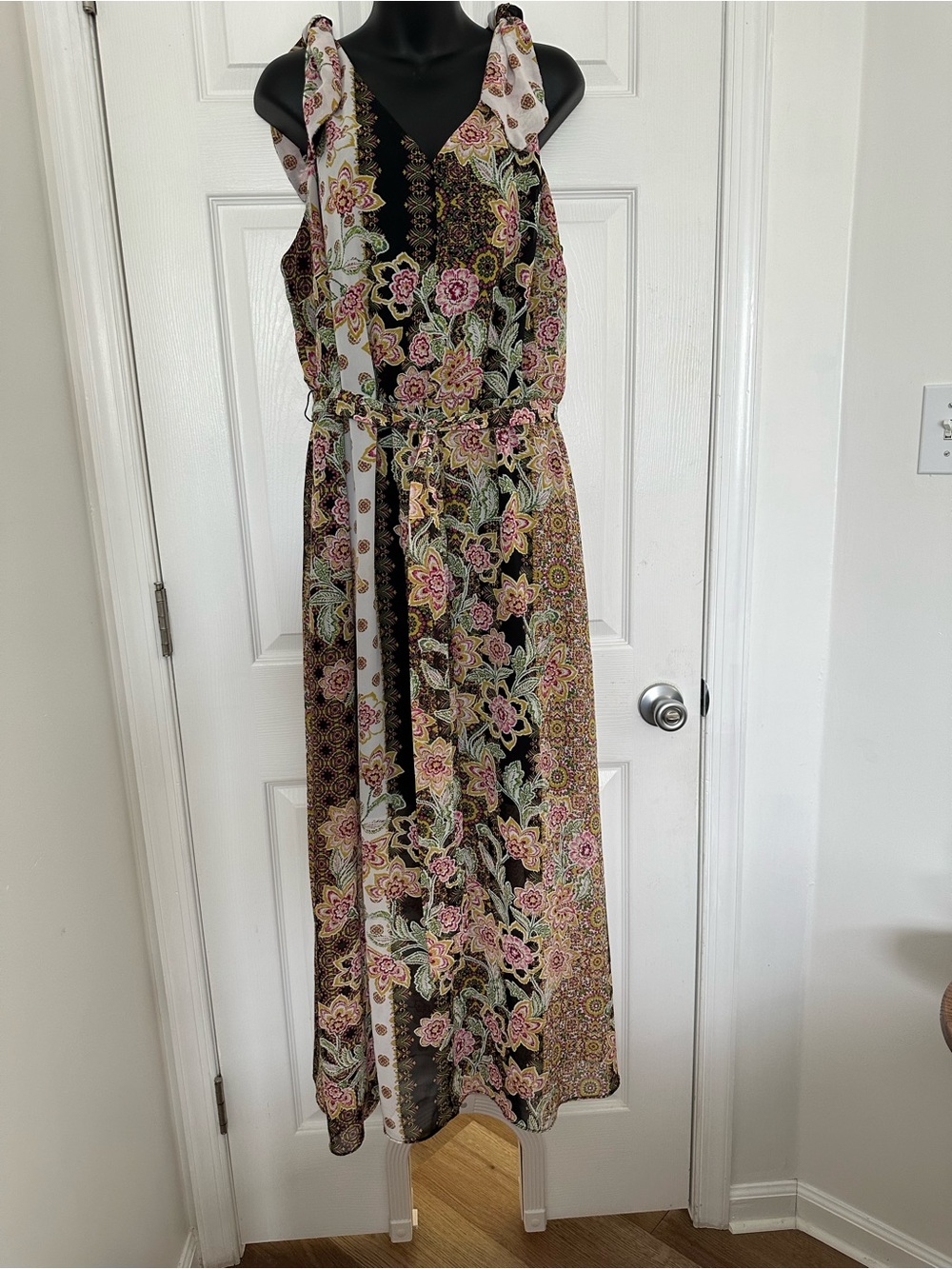 Lane Bryant Black Floral V-Neck Maxi with Waist Tie